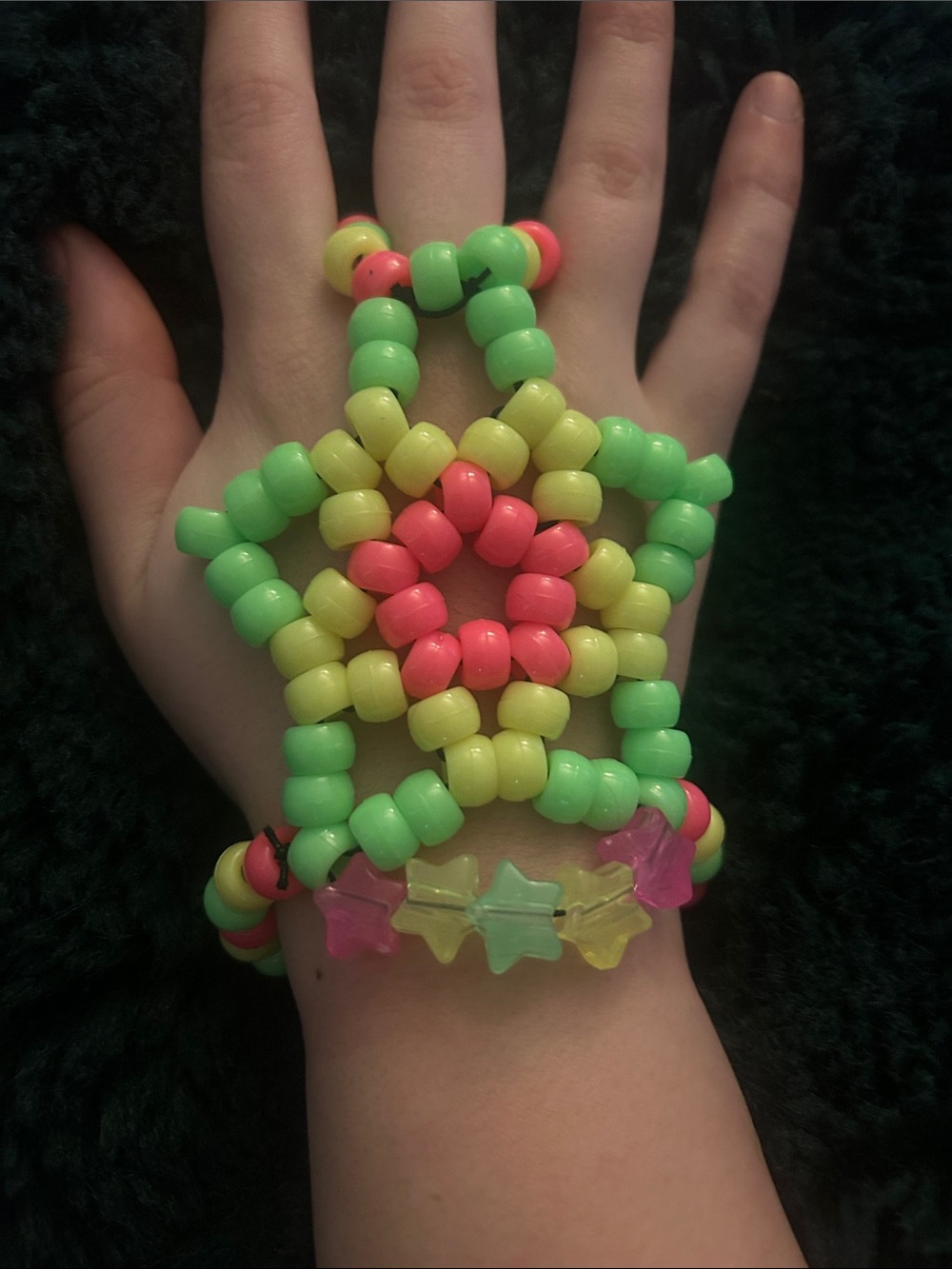 Homemade Kandi Neon Bracelet and Handpiece - Green, Yellow & Pink